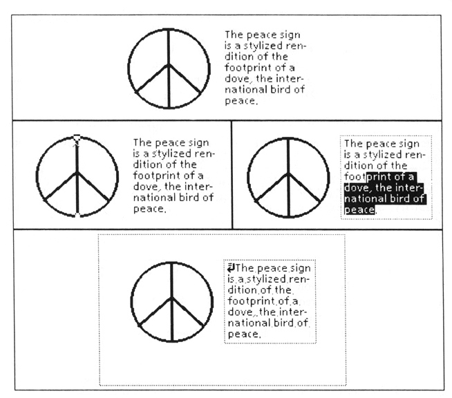 Figure 5. Revealed structure. At the top is the WYSIWYG view of mixed text and graphics. The middle two panels show that structure is revealed when an object is selected. When a line segment is selected, its control points are shown. When text is selected, the text string is revealed. The bottom panel shows the effect of the Show Structure and Show Non-Printing Characters commands, which is to reveal the location of embedded graphics and text frames (dotted lines) and “new paragraph” and Space characters.