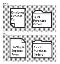 Figure 6. Match the medium. Many graphic refinements were made during the design process. For example, the turned corner of the document icon was moved to the top so that the three lines of label would line up with the labels of other icons. Also, icons were carefully sized and positioned against the gray background to create smoother lines.