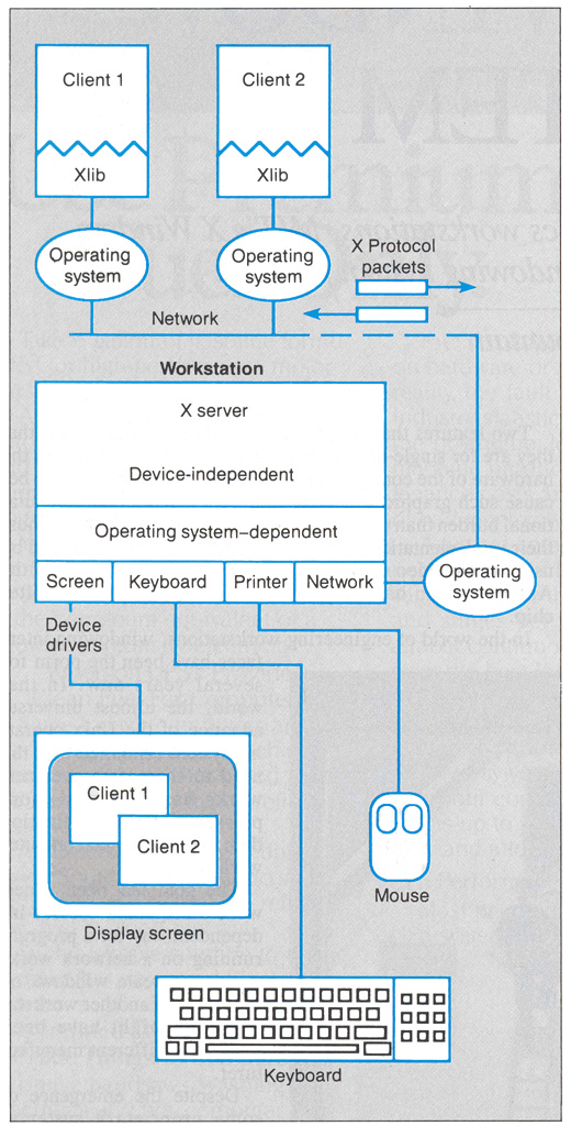 Figure 1: The client program sends packets of instructions to the server, which contains the hardware-dependent drivers for that workstation. An X server controls not only the screen but also the keyboard and a pointing device with up to five buttons.