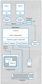 Figure 1: The client program sends packets of instructions to the server, which contains the hardware-dependent drivers for that workstation. An X server controls not only the screen but also the keyboard and a pointing device with up to five buttons.