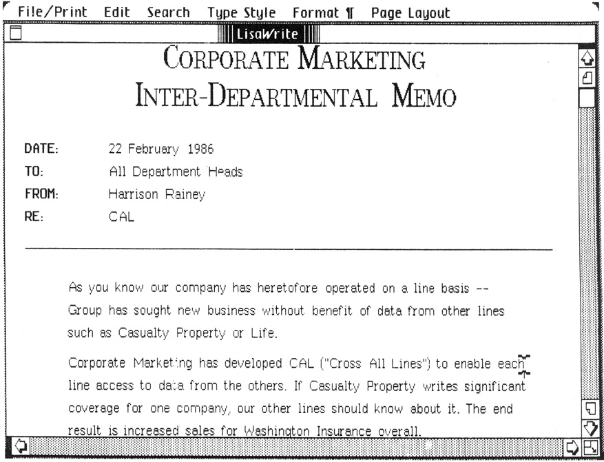 Fig. 2-1. A memo written on the LisaWrite application.