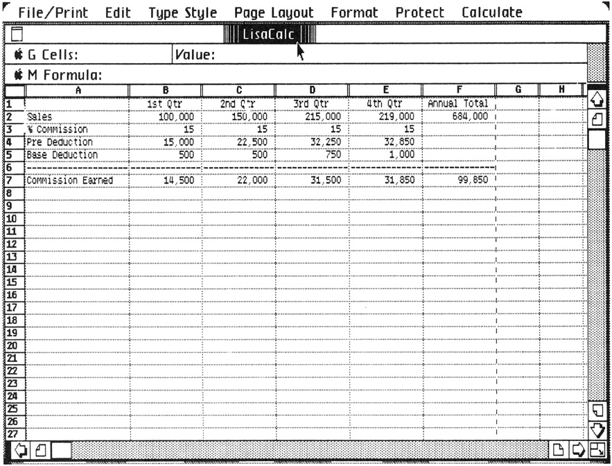 Fig. 2-2. A spreadsheet formulated using the LisaCalc application.