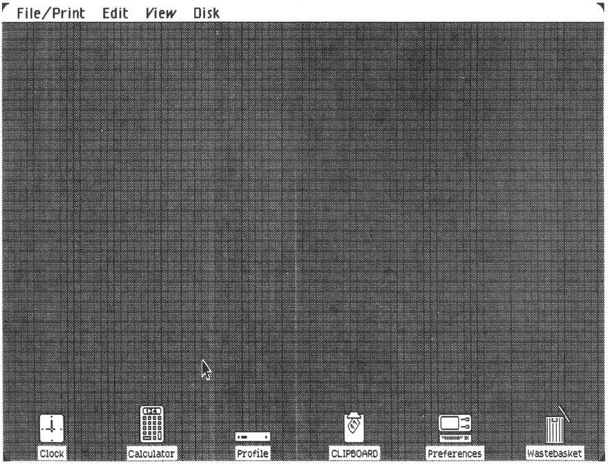 Fig. 3-7. Lisa provides five icons that perform tasks. They are the Wastebasket, Clipboard, Calculator, Clock, and Preferences.