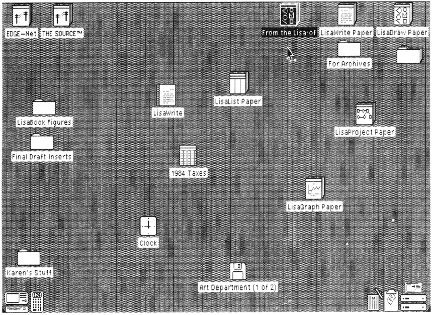 Figure 1-1: Lisa’s electronic desktop. You interact with Lisa using “icons,” small pictures displayed on Lisa’s high-resolution screen. Icons represent documents, drawings, spreadsheets, databases, and the components of Lisa itself.