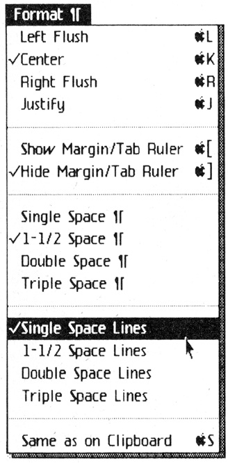 Figure 1-2: The mouse is used for almost all command entries. Here, it is used to call up the formatting commands for LisaWrite. The mouse also is used to activate the chosen command from the list – the single-space command, in this case.