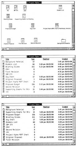 Figure 12-12: A comparison between the various folder and disk window formats, showing the differences among the three possible views of the same folder. “A” represents the pictorial view, “B” the alphabetical view, and “C” the reverse chronological view.