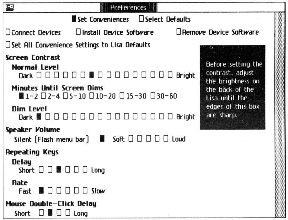 Figure 12-2: The Convenience Settings... Dialog Box. This lets you customize many of Lisa’s characteristics to suit your personal tastes.