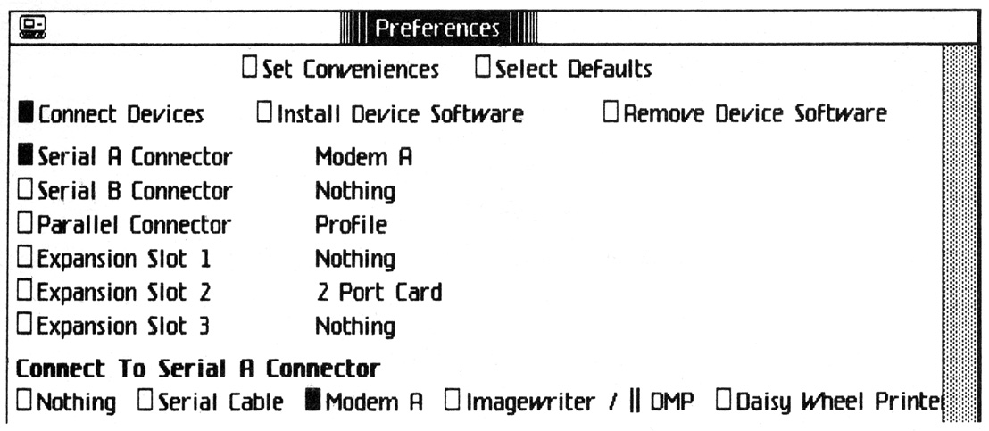 Figure 12-3: The Connect Device... Dialog Box. This provides you with the means to install new hardware on Lisa. To install a modem from one of two serial ports, for example, you would check the box corresponding to the serial port you will use and check the “Modem A” option.