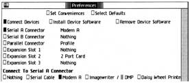 Figure 12-3: The Connect Device... Dialog Box. This provides you with the means to install new hardware on Lisa. To install a modem from one of two serial ports, for example, you would check the box corresponding to the serial port you will use and check the “Modem A” option.