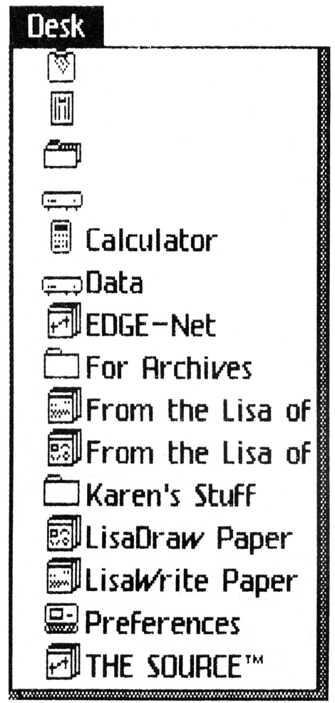 Figure 12-7: A sample Desktop Manager Desk menu. Because the Desk menu varies from Lisa to Lisa, yours won’t necessarily look like this.