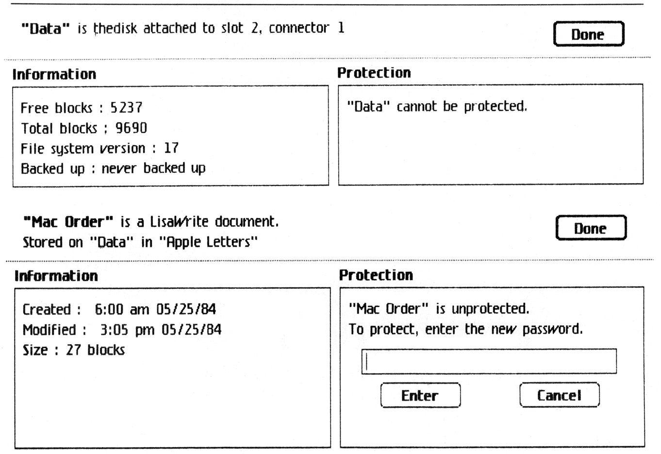 Figure 12-9: Attributes... Dialog Boxes. These provide you with useful information about documents, folders, and disks. Of particular importance is the ability to set document passwords and sizes.