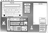 Figure 13-1: Using Lisa with the MacWorks emulator to run Macintosh programs gives you a “big screen” Macintosh. This shows various components of the Macintosh desktop positioned on Lisa’s screen.