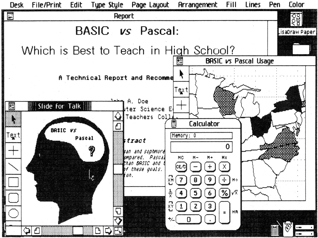 Figure 1-4: On Lisa, you “see into” various documents and drawings through variable-sized windows that exist on Lisa’s screen. They can be moved about the screen, changed in size, even made to overlap one another. This figure shows a typical screen as seen while preparing several parts of a complex report.