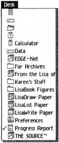 Figure 3-11: The Desk menu. It allows you to see what is on your desktop without moving windows that may be temporarily obscuring part of the screen. Selecting a line on the Desk menu opens that object and makes its window the active window. The exact contents of this menu vary from time to time, depending on what’s on your desktop.