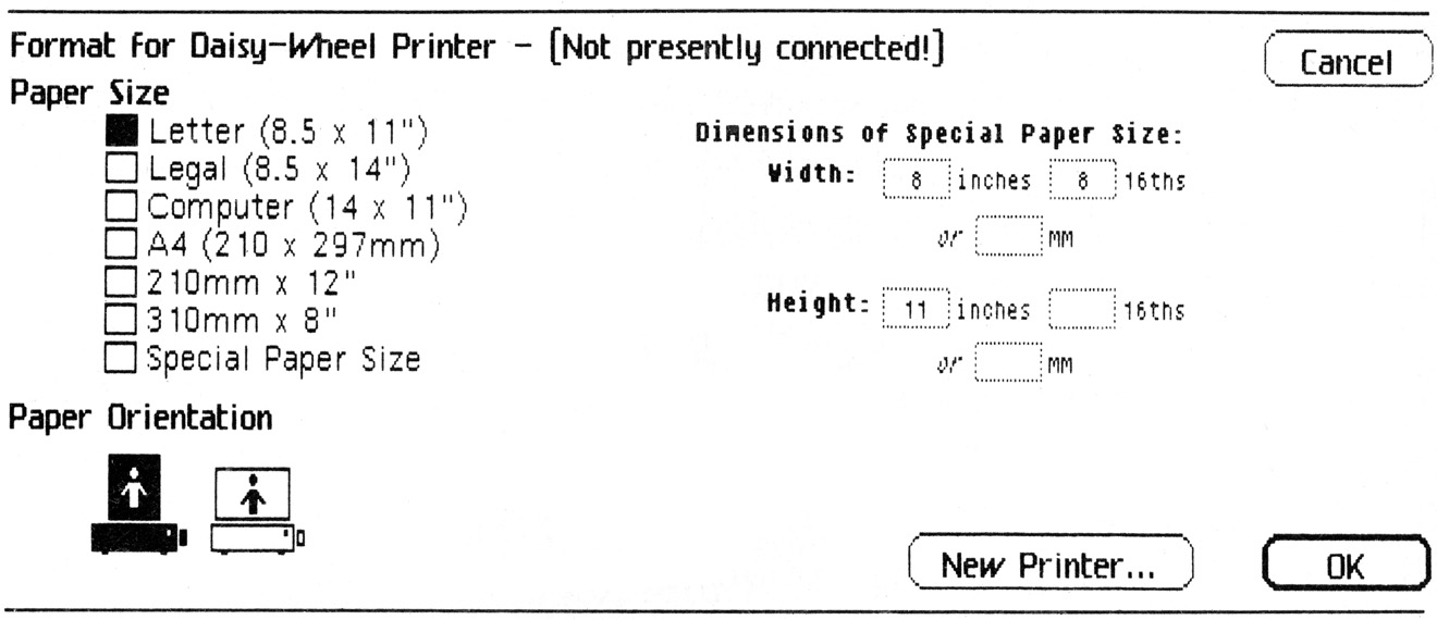 Figure 3-14: The Format for Printer... Dialog Box for the Daisy Wheel Printer.