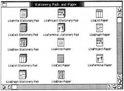 Figure 3-2: The various document icons available on Lisa. Each document type has an icon with a distinctive appearance that allows you to differentiate among them, regardless of the names you give them.