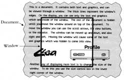 Figure 3-3: The relationship between a document and its window. On Lisa, the window moves about on top of a document, providing a portal to the document’s contents.