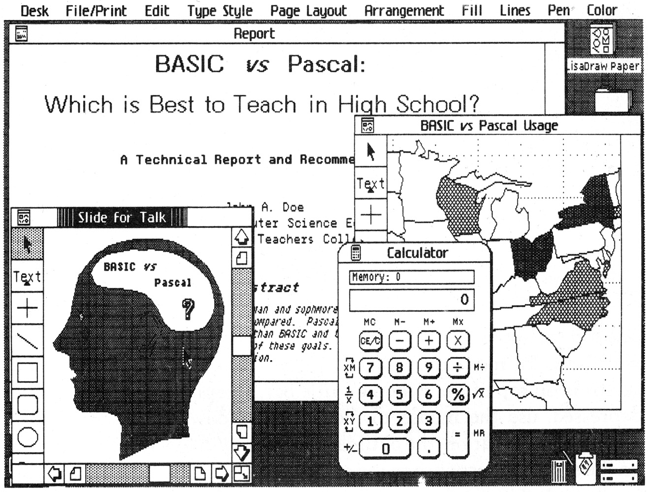 Figure 3-6: You can open numerous windows on Lisa’s screen simultaneously. Each may be a window into a different type of document.