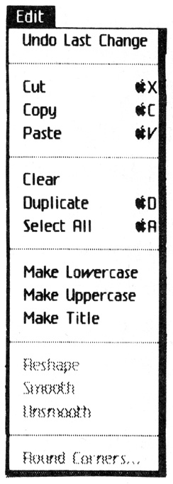 Figure 3-8: A typical Lisa menu. Note the subdivision of the long list of commands into logically related subsets.