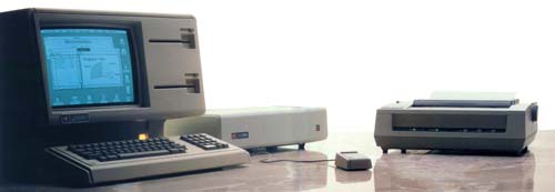 The original model of Apple Lisa with ProFile hard drive and a dot matrix printer