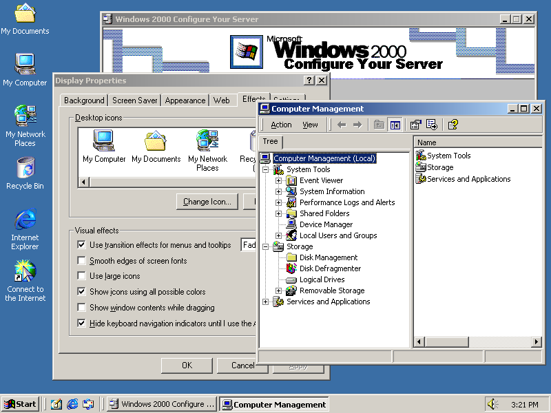 Desktop with applications in Windows 2000 Advanced Server