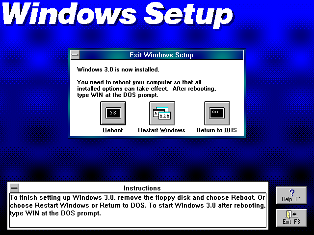 Installation complete in Windows 3.0