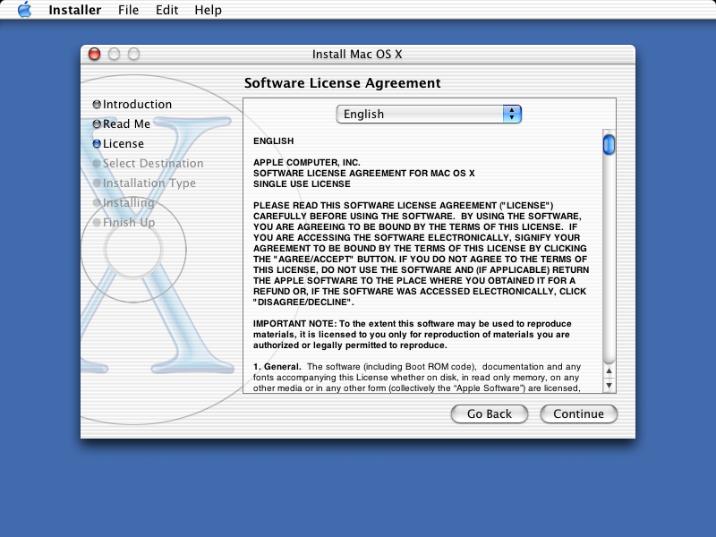 Licence in Mac OS X Jaguar