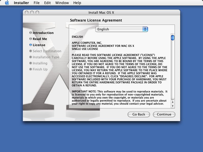 Licence in Mac OS X Panther