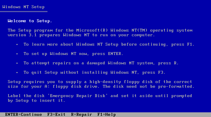 Welcome screen in Windows NT 3.1 Workstation