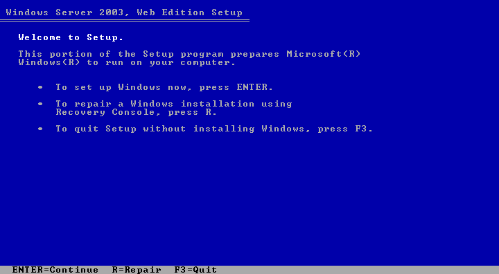 Welcome screen in Windows Server 2003 Web