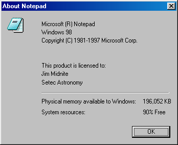 About application in Windows 98