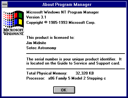 About GUI in Windows NT 3.1 Workstation (About Program Manager)