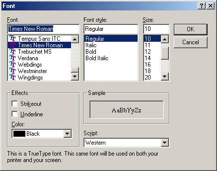 Font selection in Windows Me