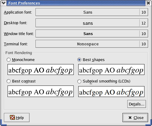 Appearance in GNOME 2.2.0 in RedHat 9 (Font Preferences)