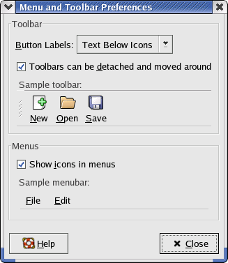 Appearance in GNOME 2.2.0 in RedHat 9 (Menu and Toolbar Preferences)