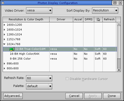 Display in QNX 6.2.1 NC (Photon Display Configuration)