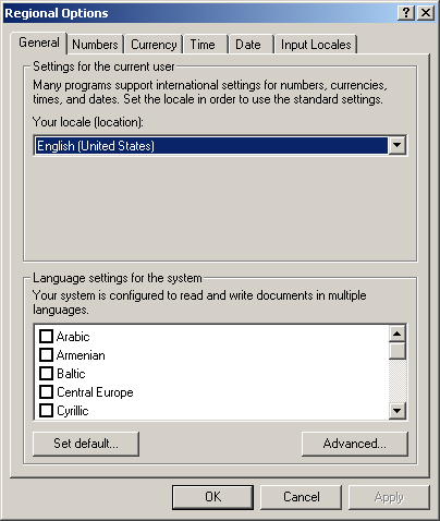 International in Windows 2000 Pro (Regional Options)