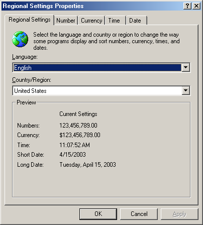 International in Windows Me (Regional Settings Properties)