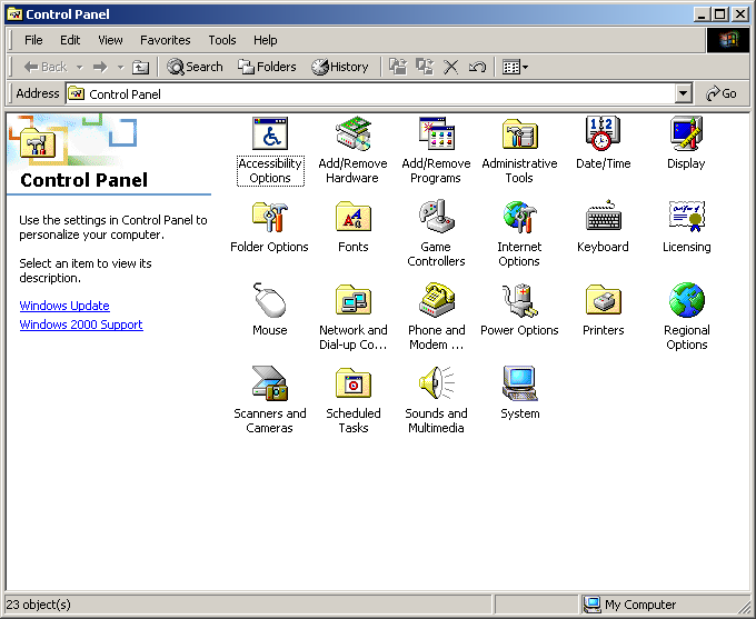 Settings menu in Windows 2000 Advanced Server (Control Panel)