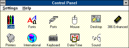 Settings menu in Windows 3.0 (Control Panel)