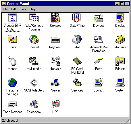 Settings menu in Windows NT 4.0 Workstation (Control Panel)