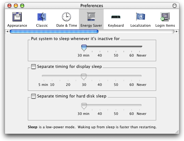 Power management in Mac OS X DP 3 (Energy Saver)