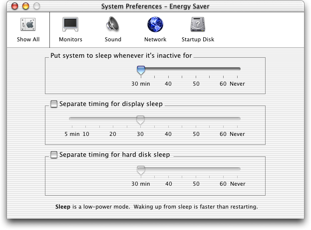 Power management in Mac OS X Public Beta (Energy Saver)