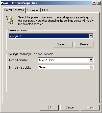 Power management in Windows 2000 Advanced Server (Power Options Properties)