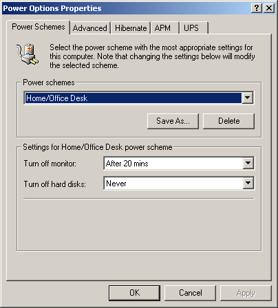 Power management in Windows 2000 Pro (Power Options Properties)