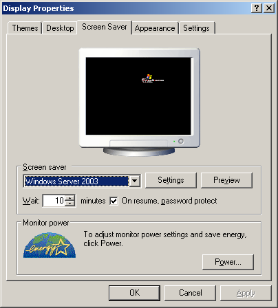 Screensaver in Windows Server 2003 Web (Display Properties)