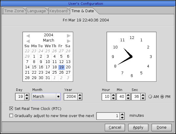 Time and date in QNX 6.2.1 NC (User’s Configuration: Time & Date)