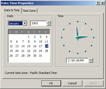 Time and date in Windows 2000 Pro (Date/Time Properties)