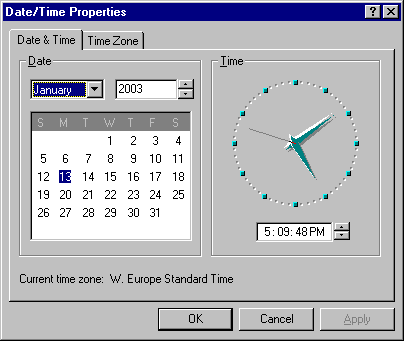 Time and date in Windows 95B (Date/Time Properties)