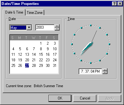 Time and date in Windows NT 4.0 Workstation (Date/Time Properties)